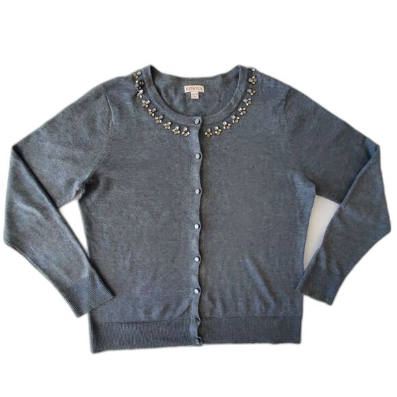 Jeweled Neckline Gray Button-Up Cardigan Sweater Merona Size XL Preppy Holiday - Picture 1 of 7